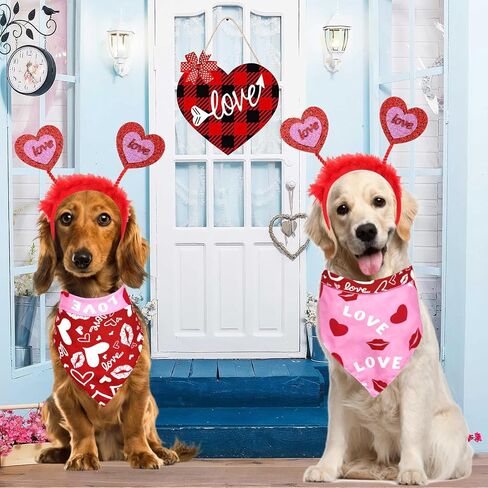 Valentine's Day Dog Bandanas Costume, Reversible Pet Scarf Red Glitter Hearts Dog Headband Scarves Cute Valentines Outfit for Medium Large Dogs Cats Holiday Birthday Clothes (Love Heart Headband Set) in Saudi Arabia