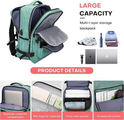 BAGLHER Travel Backpack Carry on Flight Approved with USB Charging Port, Laptop and Shoe Compartment, Travel Backpack for Airplane Travel, Work, College, Business, Grey in Saudi Arabia