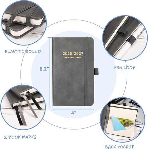 2025-2027 Pocket Planner - Monthly Pocket Calendar (36-Month) With 60 Notes Pages, Jan. 2025 - Dec. 2027, 6.2" x 4", 3-Year Monthly Planner with Contacts, Holidays and Pen Holder, Back Pocket - Grey in Saudi Arabia