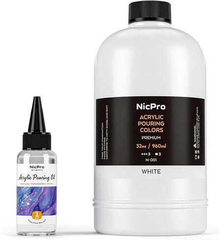 Nicpro Titanium White Color Acrylic Pour Paint, 32 Ounce Pre-Mixed Pouring Paint Supplies with Silicone Pour Oil & Gloves for Canvas, Rock, Wood Cell Creation Flow DIY Art Painting, Ready to Pour in Saudi Arabia