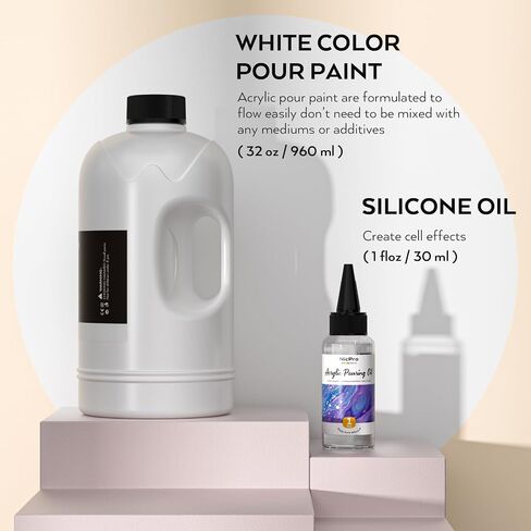 Nicpro Titanium White Color Acrylic Pour Paint, 32 Ounce Pre-Mixed Pouring Paint Supplies with Silicone Pour Oil & Gloves for Canvas, Rock, Wood Cell Creation Flow DIY Art Painting, Ready to Pour in Saudi Arabia