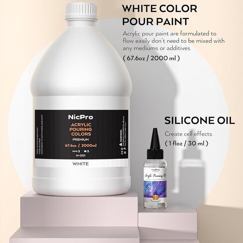 Nicpro Titanium White Color Acrylic Pour Paint, 32 Ounce Pre-Mixed Pouring Paint Supplies with Silicone Pour Oil & Gloves for Canvas, Rock, Wood Cell Creation Flow DIY Art Painting, Ready to Pour in Saudi Arabia