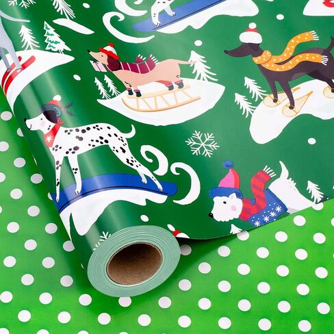 MIMUTI Dog Christmas Wrapping Paper - Green Christmas Wrapping Paper Roll, 17in x 33ft, Reversible Cute Dog Christmas Wrapping Paper Design for Holiday, Party, Celebration in Saudi Arabia