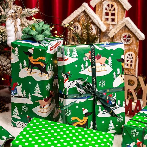MIMUTI Dog Christmas Wrapping Paper - Green Christmas Wrapping Paper Roll, 17in x 33ft, Reversible Cute Dog Christmas Wrapping Paper Design for Holiday, Party, Celebration in Saudi Arabia