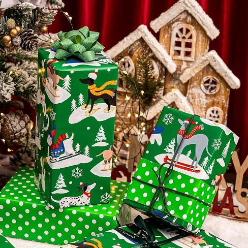 MIMUTI Dog Christmas Wrapping Paper - Green Christmas Wrapping Paper Roll, 17in x 33ft, Reversible Cute Dog Christmas Wrapping Paper Design for Holiday, Party, Celebration in Saudi Arabia
