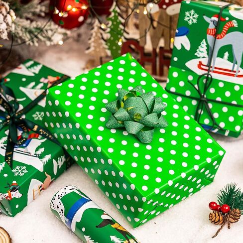 MIMUTI Dog Christmas Wrapping Paper - Green Christmas Wrapping Paper Roll, 17in x 33ft, Reversible Cute Dog Christmas Wrapping Paper Design for Holiday, Party, Celebration in Saudi Arabia