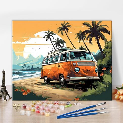 Paint by Numbers for Adults Car on The Beach Adults' Paint by Number Kits Travel Bus Sunset Landscape Art Painting Kits with Brushes Oil Painting Art Crafts 16x20 in in Saudi Arabia