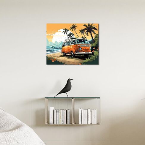 Paint by Numbers for Adults Car on The Beach Adults' Paint by Number Kits Travel Bus Sunset Landscape Art Painting Kits with Brushes Oil Painting Art Crafts 16x20 in in Saudi Arabia