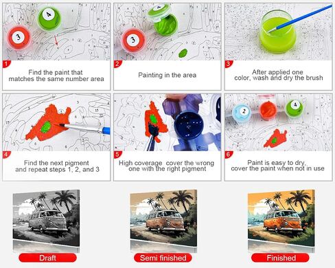 Paint by Numbers for Adults Car on The Beach Adults' Paint by Number Kits Travel Bus Sunset Landscape Art Painting Kits with Brushes Oil Painting Art Crafts 16x20 in in Saudi Arabia