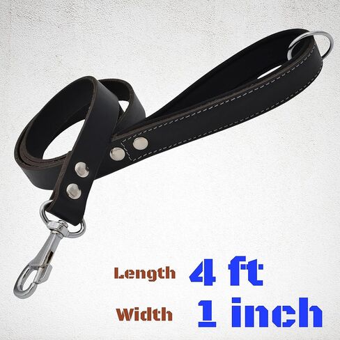Leather Dog Leash – Heavy-Duty Dog Leashes for Medium and Large Dogs – Genuine Vegetable Tanned Leather – Soft Padded Handle - (L - 4 ft x 1 inch, Black) in Saudi Arabia