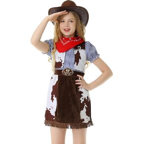LMYOVE Cowgirl Costume for Girls，Western Rodeo Dress Up，Halloween Oktoberfest Carnival Cowgirl Outfit with Cowboy Hat