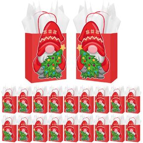 Kolldenn 18 Pack Christmas Gnome Gift Bags with Tissue Paper Red Santa Gnome Christmas Treat Bags with Handles Holiday Gnome Gift Bag for Wrapping Christmas Party Favors,10.24 x 6.5 x 3.15 Inches