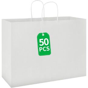 bagmad 50 Pack 16x6x12 Inches Large White Kraft Paper Bags with Handles Bulk for Shopping Wedding Grocery Retail Merchandise Business Craft Gift Bags(50 Count)