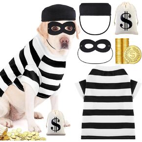 Dogs Robber Costume for Pets Halloween Robber Puppy Costume Set, Pooch Shirts Washable Dog Hat Thief Eye Mask Money Sacks Bag 20 Pcs Plastic Gold Coin for Pup Cosplay Party(Large)