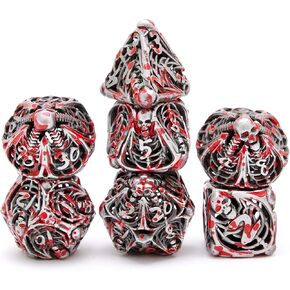 Hollow Metal DND Game Dice Skulls Ancient Bloodstain 7Pcs Set for Dungeons and Dragons RPG MTG Table Games D&D Pathfinder Shadowrun and Math Teaching (with Metal Case)