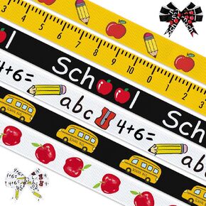 6 PCS Back to School Grosgrain Ribbons 3/8" School Decor Ribbons 3 Yards, School Bus Ruler Apple Craft Ribbons for First Day of School Party Favor Decoration Holiday Gift Packaging DIY Supplies