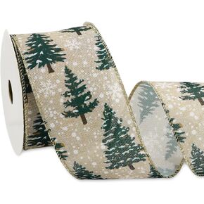 Christmas Glitter Wired Edge Ribbon Pine Tree Snowflake Ribbon Xmas Watercolor Fabric Ribbon for Winter Wreath Bow Making DIY Crafts Gift Wrapping, 12 Yard