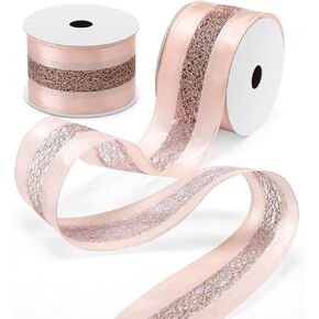 Yuxung 20 Yards 2.5 Inch Christmas Wired Gold Ribbon Satin with Glitter Mesh Lace Middle for Christmas Tree Bows, Wreaths, Gift Wrapping, Crafts, and Home Decor(White and Champagne)