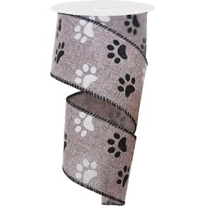 2.5" Wide Paw Print Wired Ribbon, Dog Ribbon Wired, 10 Yards (30 feet) Burlap Wire Edge Ribbon, grey