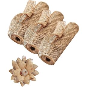 3 Rolls 10 Inches Poly Burlap Mesh Ribbon, Christmas Decorative Mesh Ribbon for Christmas Tree, Garland, Wreath Making Supplies, Gift Wrapping (Natural, 5 Yards Each)