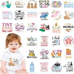 Baby Iron on Decals - 36 PCS Cute Animals Iron Patches Ready to Press Onesie Decorating Kit Heat DTF Transfers Stickers for Baby Shower Games Bibs Gender Reveal DIY Clothing Shirts Decor