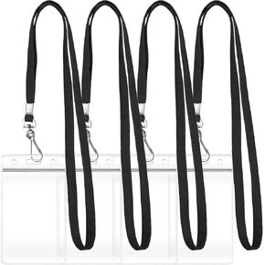 4 Pack Clear ID Card Badge Holder with Black Durable Cruise Lanyards, Vertical Waterproof Extra Thick Plastic Name Tags for Nurses, Office, Work, Students, Teachers, Adults, Business