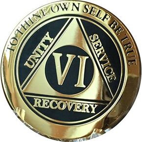 6 Year AA Medallion Elegant Black Gold Silver Bi-Plated Serenity Prayer Chip