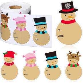 Yexiya 500 Pcs Christmas Kraft Tag Stickers Cute Snowman Designed Stickers with to and from Name Labels for Christmas Gift Wrapping, Self Adhesive Holiday Stickers Label Roll(Cute Style)