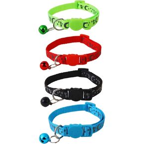 4 Pack Reflective Cat Collars Breakaway, Girl Boy Pet Kitten Collar with Bell, Star Moon Kitten Print, and Safety Buckle (Adjustable 7.5"-12.6", Green & Red & Black & Blue)