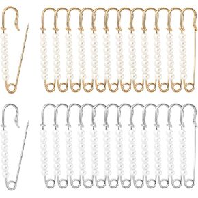 Faux Pearl Safety Pins, 10pcs 2.76inch Sweater Shawl Clip Brooch Pins with 7pcs Pearl Beads for Women Clothing Dress Pants Skirt Waist Pants Extender Dressing Accessories (Gold and Silver)