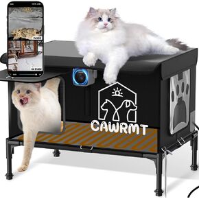 Heated Cat House with Camera, Insulated Outdoor Cat House Weatherproof,Outside Stray Cat Shelter Winter Feral Cat House Waterproof (Black, Medium)