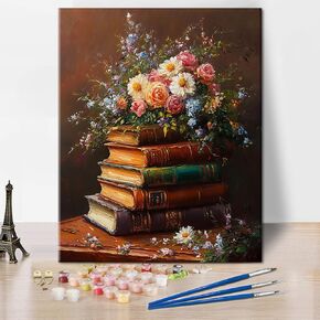 Book and Flower Paint by Numbers Kits Canvas DIY Books on the Desk Oil Painting Paint by Numbers for Adults Beginner with Brushes and Acrylic Pigment for Student Bedroom Home Decor 16x20inch Frameless