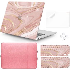 iLeadon Design for MacBook Air 13 inch Case 2022 2021 2020 2019 2018 Release A2337 M1 A2179 A1932 with Touch ID, Glitter Plastic Hard Shell&Sleeve Bag&Keyboard Cover&Screen Protector, Pink Gold Fluid