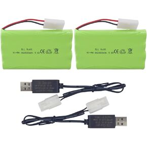 2PCS AA 9.6V 2800mAh Rechargeable Battery with Tamiya Plug and 2PCS USB Charging Cable Suitable for RC Toy Cars, Trucks, Tanks, Engineering Vehicles, RC Ships Spare Battery Pack
