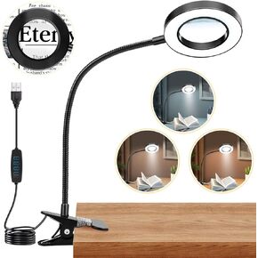 10X Magnifying Glass with Light, Clip on Mganifier with Light, 48 LED Desk Magnifying Glass wtih Clamp, 3 Modes Dimmable Magnifying LED Lamps for Bed Work Crafts DIY B
