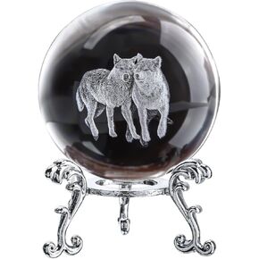ZEERSHEE 60mm Wolf Crystal Ball with Stand 3D Glass Laser Engraved Wolf Gifts for Wolf Lovers Decorative Glass Wolves Sphere Figurine Decor for Home Office