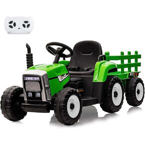 12V Kids Ride On Car Electric Tractor with Trailer for Toddlers Ride On Toy with Remote Control, 2+1 Gear Shift, EVA Treaded Tires, LED Headlights, Music, Green