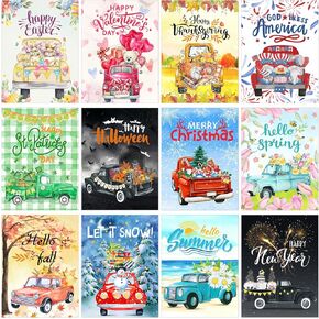 12 Sets Seasonal Diamond Painting Kits Full Drill Rhinestones Art Crafts Cute Colorful Cartoon Diamond Painting for Home Wall Decor Art Craft Gifts(Truck)