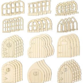 Honbay 48PCS Unfinished Blank Wooden Fairy Garden Door Mini Fairy House Window Wooden Miniature Door Window Wood Pieces Wood Slices Wood Chips Embellishments for DIY Crafts Home Party Decoration