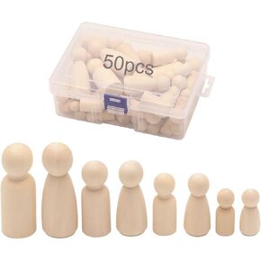 50pcs Unfinished Wooden Peg Dolls, Wooden Family Figures Doll Bodies Female Male People Shape Wood Body Dolls for Art Craft Projects DIY, Assorted Shapes and Sizes