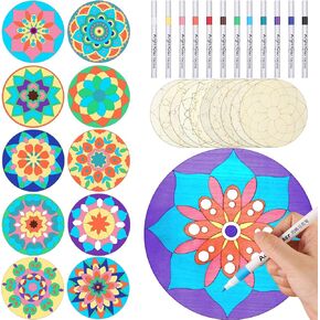 DNCHGOYA 7.8Inch Wooden Mandala Painting Set 10Pcs Mandala Unfinished Wood Cutouts with 12 Markers for Crafts Mandala Wood Slices for DIY Crafts Tags (Different 10 Shapes Wood Slices+12Pcs Markers)