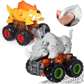 Oriate Squishy Soft Rubber Monster Truck Toys for Boys Age 4-7, 2 Pack Animals Cartoon Cars, Toddler Toys for Ages 3 4 5, 2 Pack Push and Go Friction Car Playset