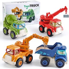 SEPHIX Construction Toys for 2 3 4 5 Years Old Boys Girls Kids, Sandbox Excavator Toys, Colorful 4 Pack Construction Crane Mixer Trucks Gifts for Toddlers Christmas Birthday New Year Easter