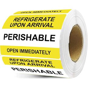 Yellow Self Adhesive Warning Shipping Mailing Labels/Stickers - "PERISHABLE REFRIGERATE Upon Arrival Open Immediately" for Shipping and Packing, 3" Length x 2" Width, Black on Green 250pcs