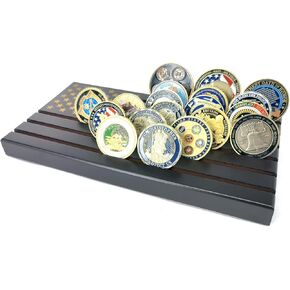 6 Rows Coin Holder, Military Challenge Coin Display Stand American Flag Coin Holder Rack Wooden, Holds 36-40 Coins