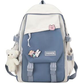 Backpack with 3 Pins & Plush Bear Pendant Casual Travel Daypack College Bookbag Preppy Backpack for Women Lightweight Rucksack(Green)