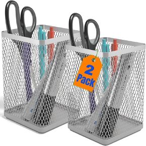 Large Pen Holder, Big Tall Pencil Cup, Silver Wire Mesh ''2 Pack''