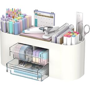 DRQ Desk Organizer with Pencil Pen Holder, 10-Compartment Pen Organizer with 3 Drawers, Plastic Desk Organizers and Accessories for Desktop Organization and Storage, Office Supplies (White)