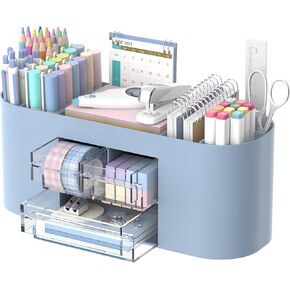 DRQ Desk Organizer with Pencil Pen Holder, 10-Compartment Pen Organizer with 3 Drawers, Plastic Desk Organizers and Accessories for Desktop Organization and Storage, Office Supplies (White)