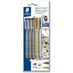 Staedtler Creative Set (3 Fine Liner Pigment Liner Black, 2 Metallic Marker, Johanna Basford) 308 SBK3P3